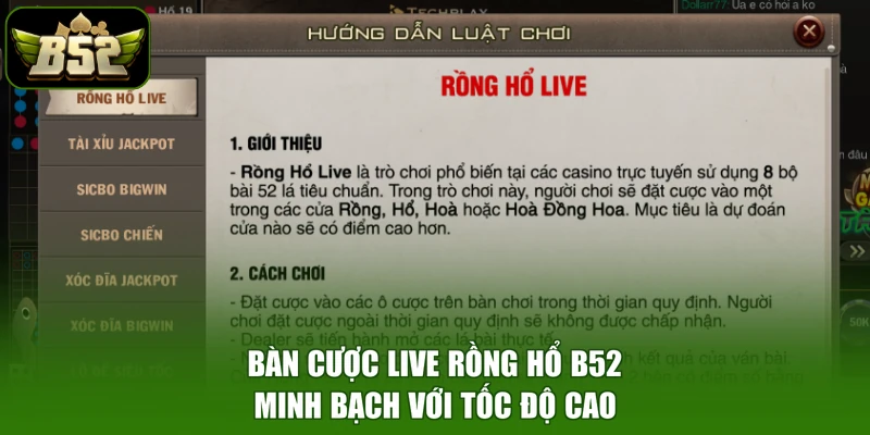 Bàn cược Live Rồng Hổ B52 minh bạch với tốc độ cao